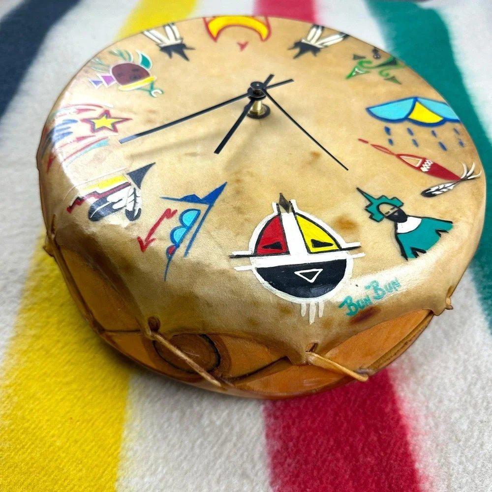 VTG Native American Clock Drum Cow Hyde Wood Symbols - WORKS‎ Artist 